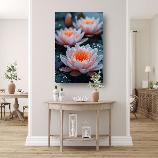 Zachtroze waterlelies met waterdruppels canvas
