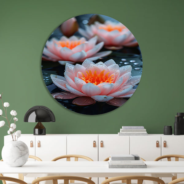 Zachtroze waterlelies met waterdruppels aluminium muurcirkel
