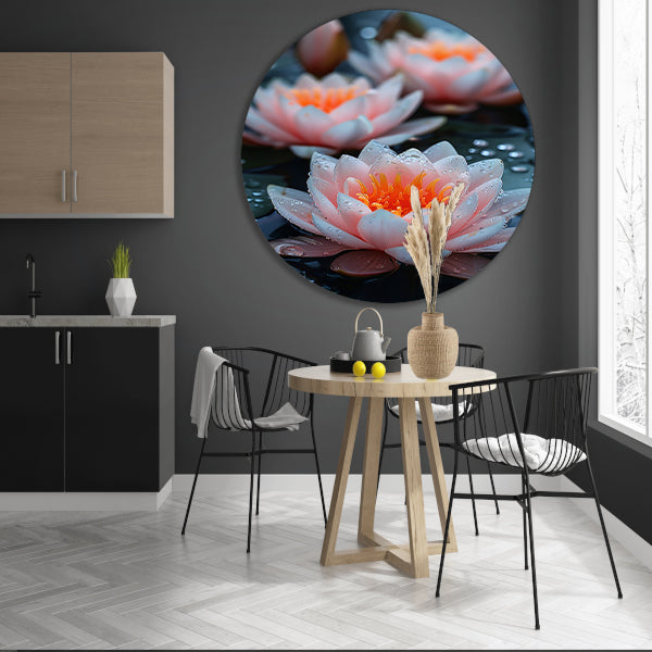 Zachtroze waterlelies met waterdruppels aluminium muurcirkel