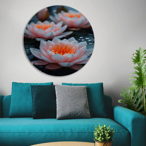 Zachtroze waterlelies met waterdruppels aluminium muurcirkel
