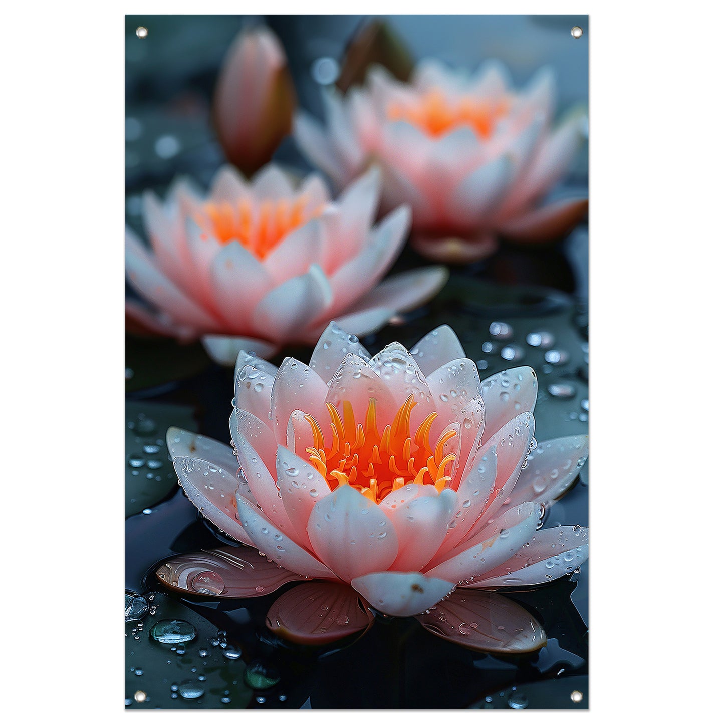 Zachtroze waterlelies met waterdruppels tuinposter