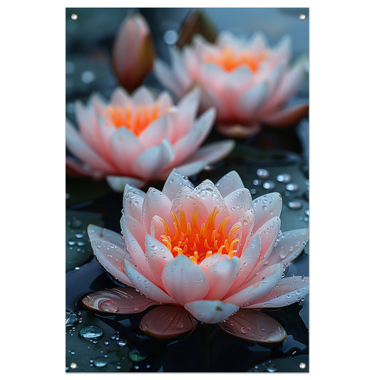 Zachtroze waterlelies met waterdruppels tuinposter
