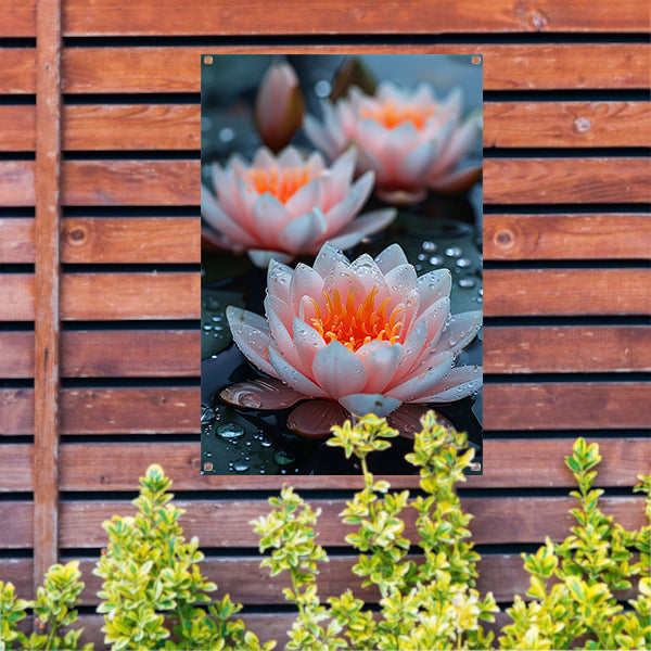 Zachtroze waterlelies met waterdruppels tuinposter
