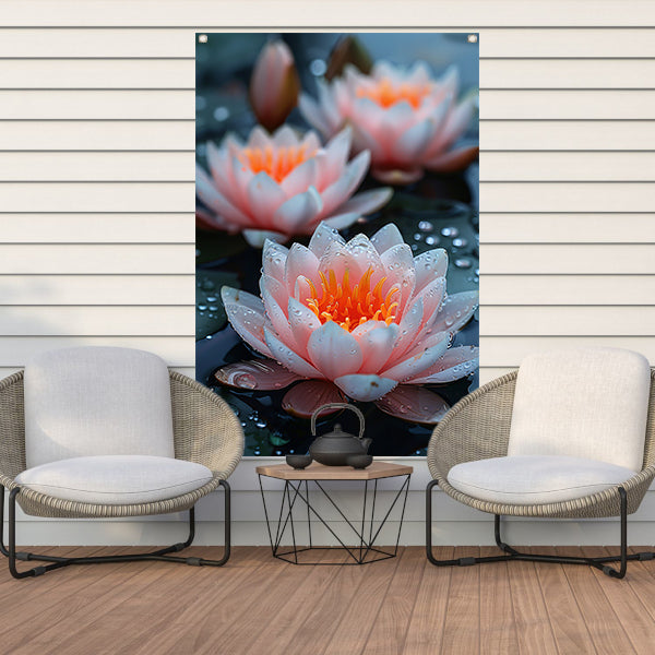 Zachtroze waterlelies met waterdruppels tuinposter