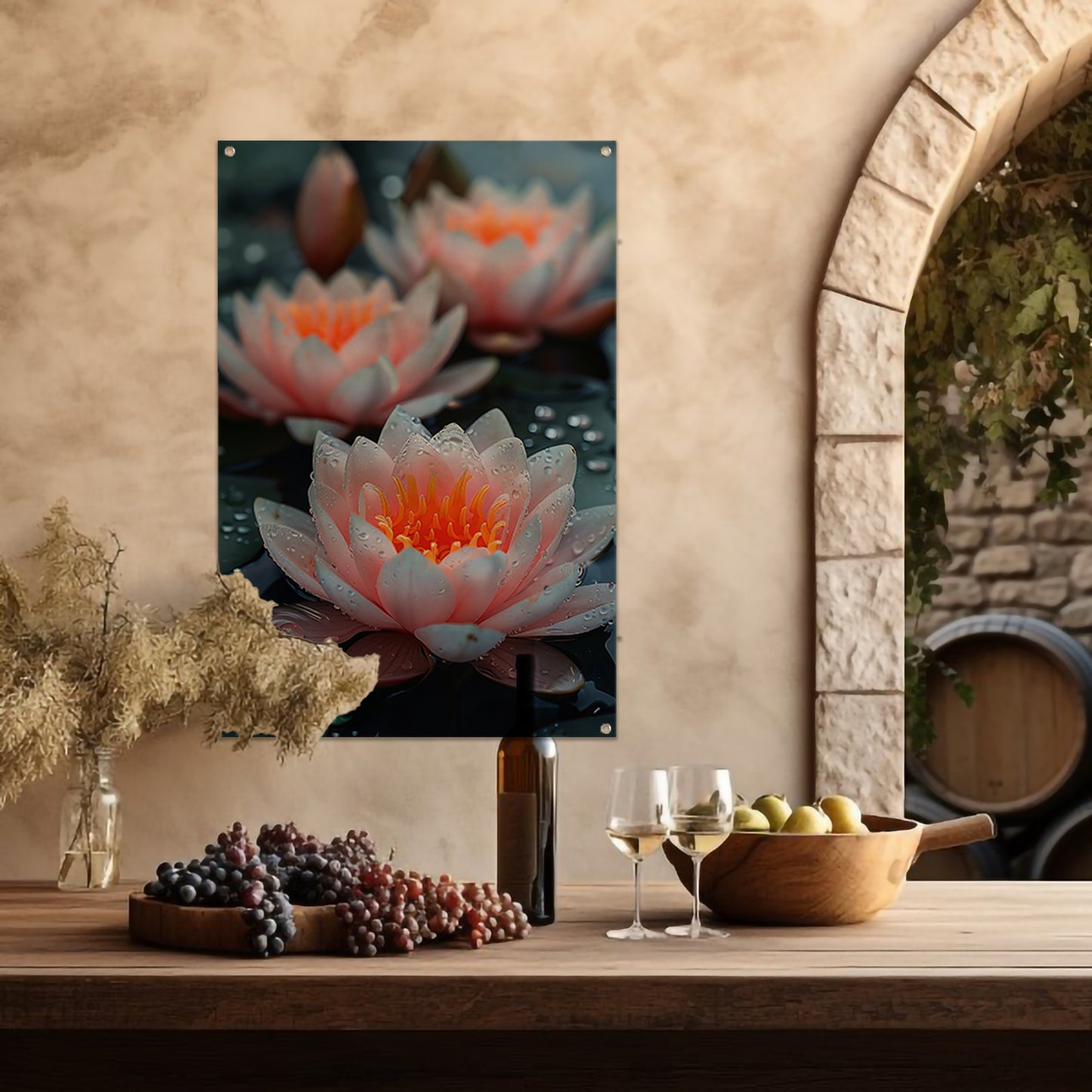 Zachtroze waterlelies met waterdruppels tuinposter