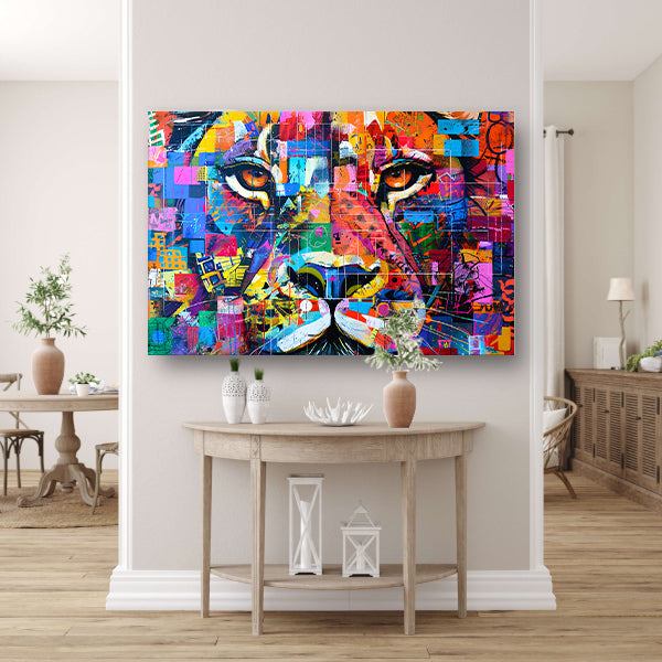 Kleurrijke abstracte leeuw schilderij kunst canvas met baklijst