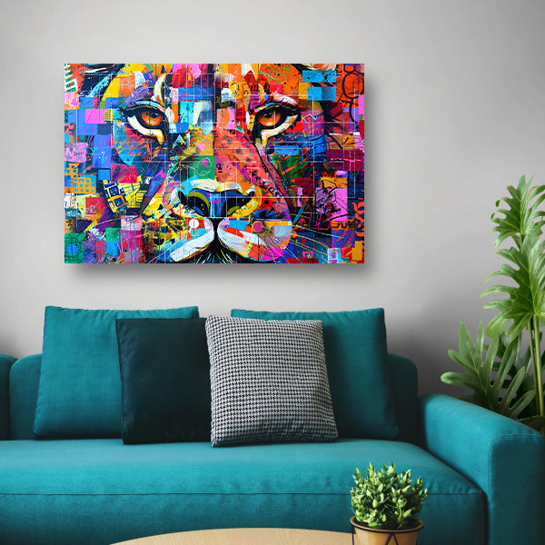 Kleurrijke abstracte leeuw schilderij kunst canvas met baklijst