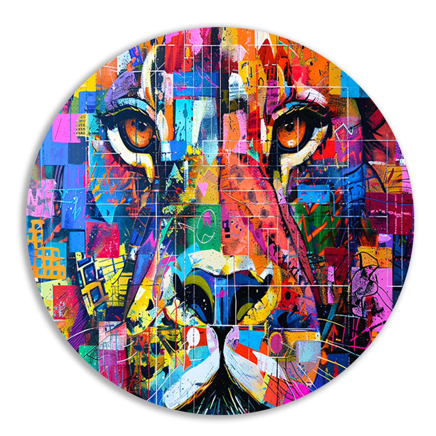 Kleurrijke abstracte leeuw schilderij kunst aluminium muurcirkel