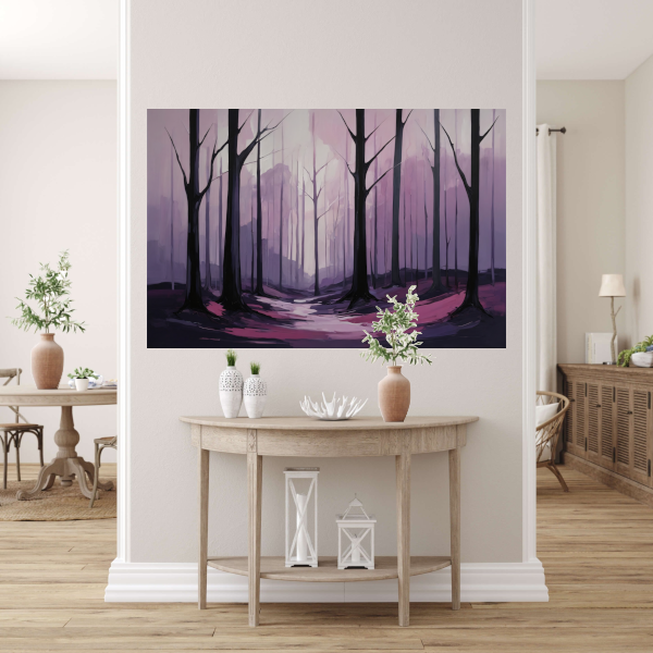 Abstract Boslandschap in Paarse Dageraad canvas met baklijst