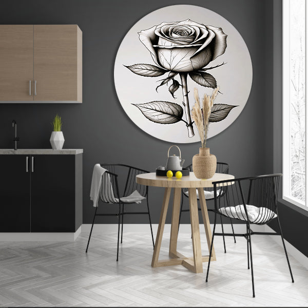 Minimale zwarte lijntekening van roos aluminium muurcirkel