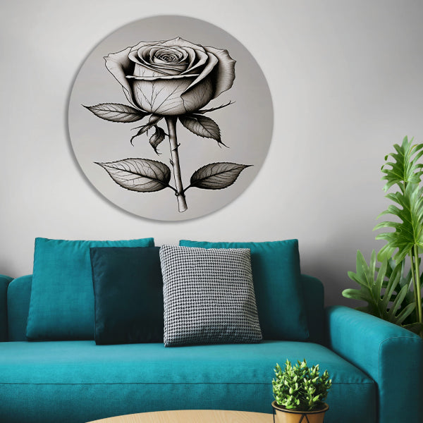 Minimale zwarte lijntekening van roos aluminium muurcirkel
