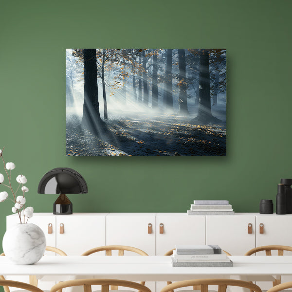 Mistig Bos met Zonnestralen en Schaduwen poster