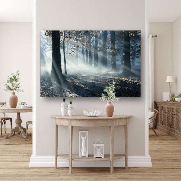 Mistig Bos met Zonnestralen en Schaduwen acrylglas
