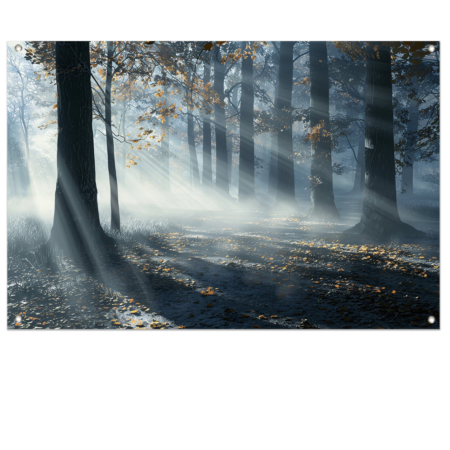 Mistig Bos met Zonnestralen en Schaduwen tuinposter