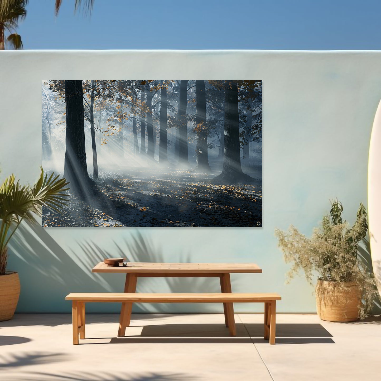 Mistig Bos met Zonnestralen en Schaduwen tuinposter