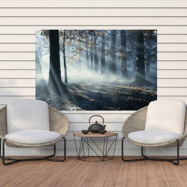 Mistig Bos met Zonnestralen en Schaduwen tuinposter