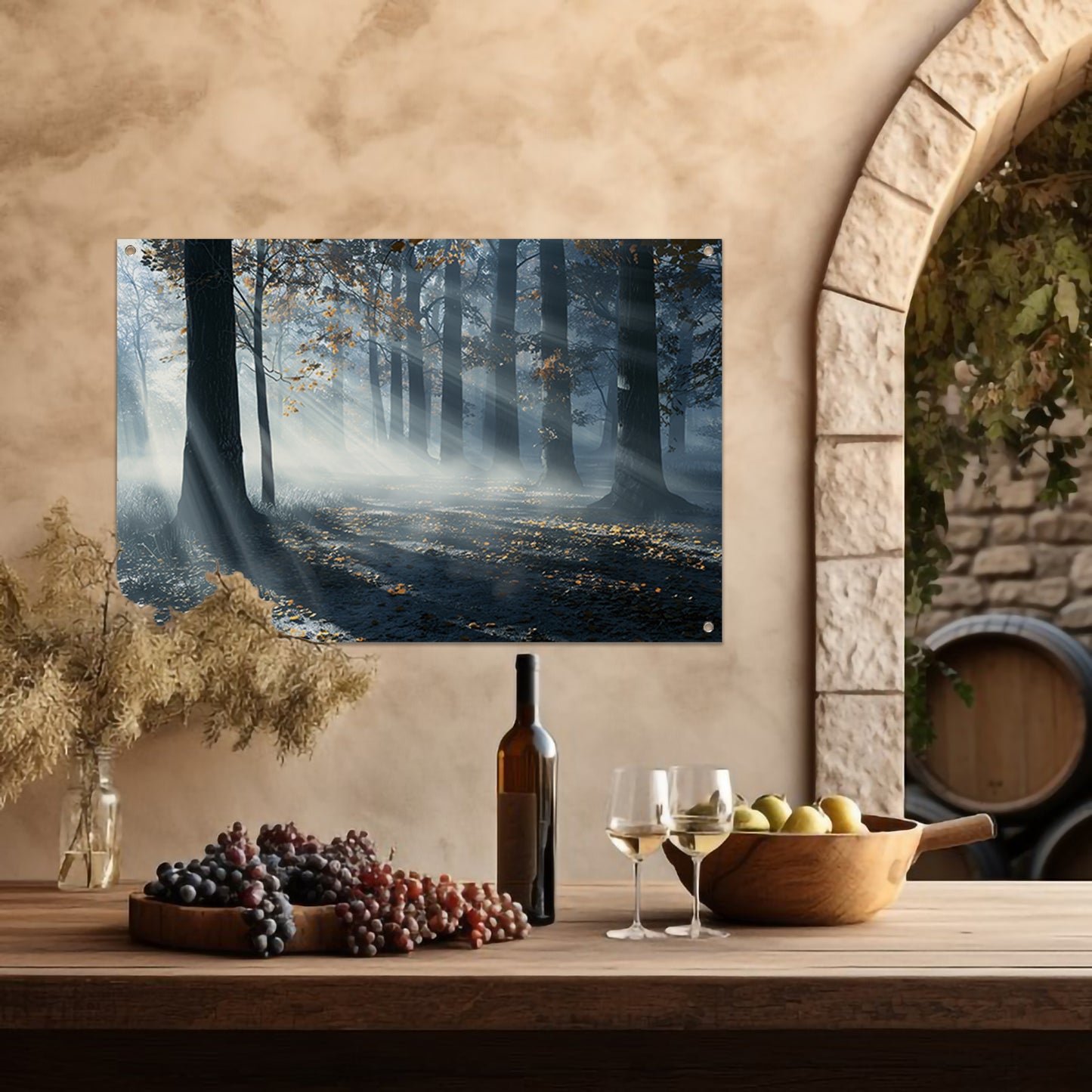 Mistig Bos met Zonnestralen en Schaduwen tuinposter
