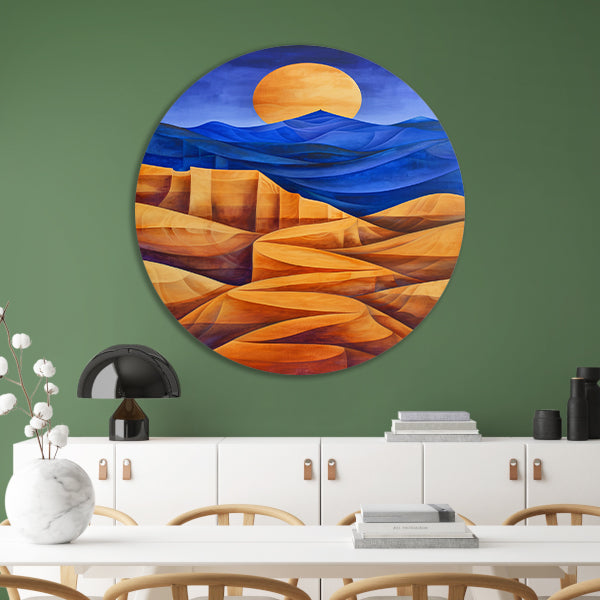 Surrealistisch berglandschap met felle kleuren forex muurcirkel