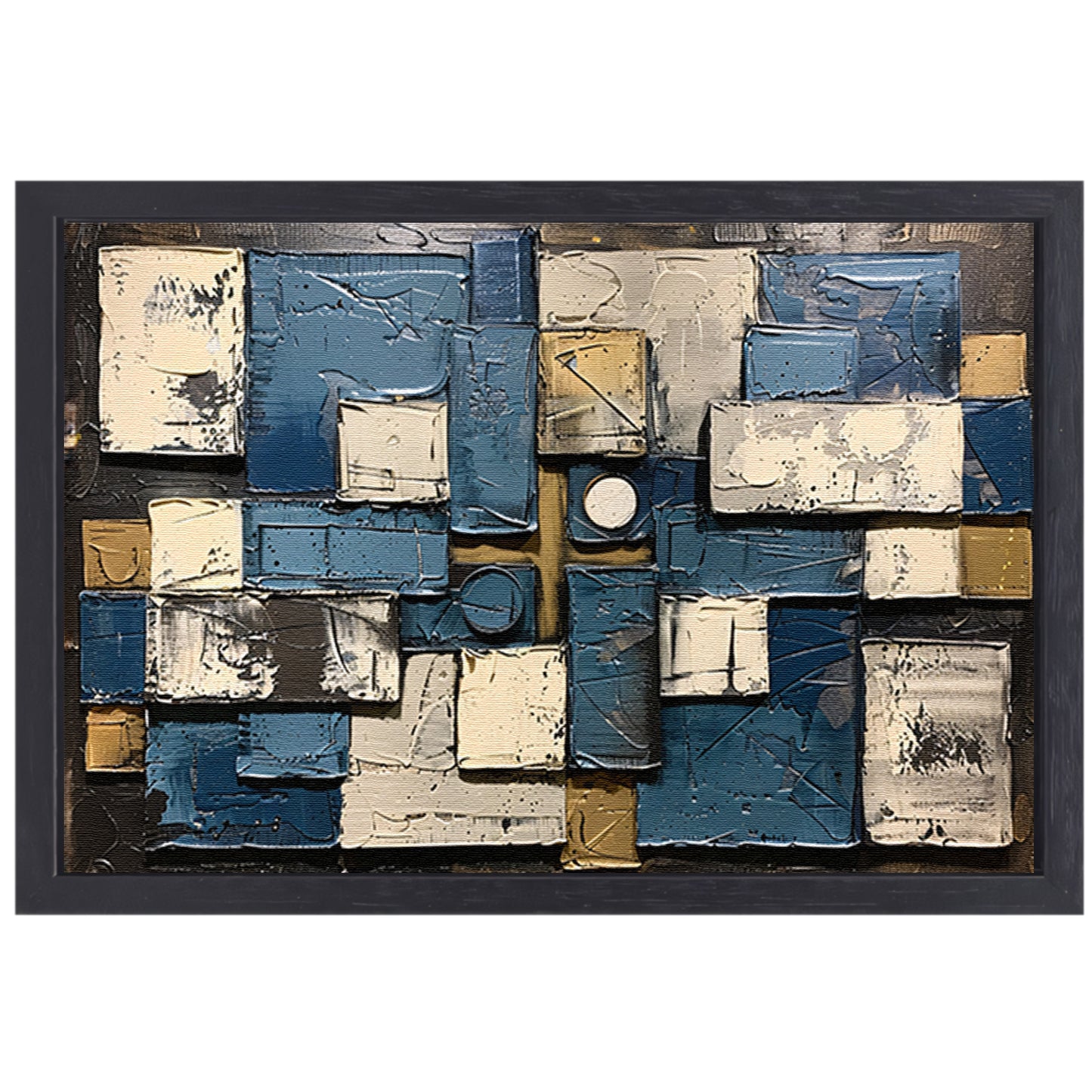 Abstract schilderij met rechthoeken en cirkels canvas met baklijst