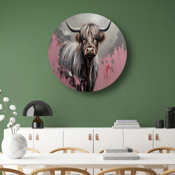 Kleurrijke Highland Koe in Modern Ontwerp aluminium muurcirkel