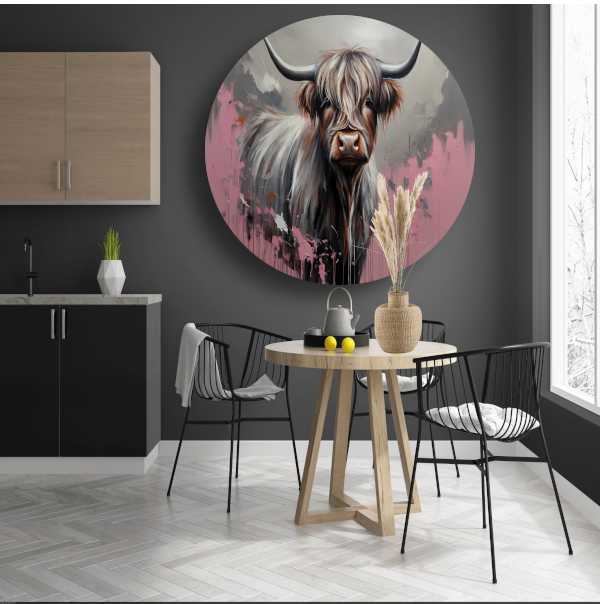 Kleurrijke Highland Koe in Modern Ontwerp aluminium muurcirkel