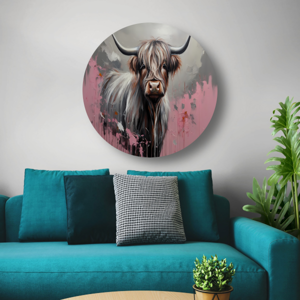 Kleurrijke Highland Koe in Modern Ontwerp aluminium muurcirkel