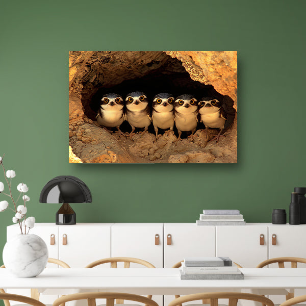 Nieuwsgierige Uilenfamilie in Grot canvas