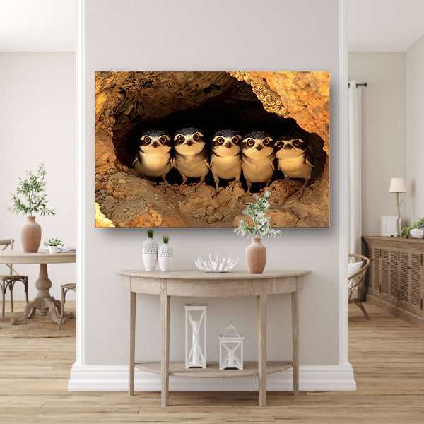 Nieuwsgierige Uilenfamilie in Grot canvas