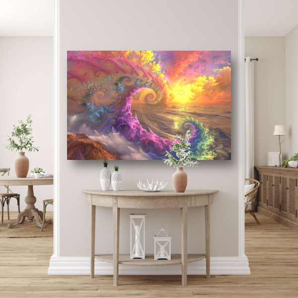 Impressionistische zonsondergang boven de golven canvas