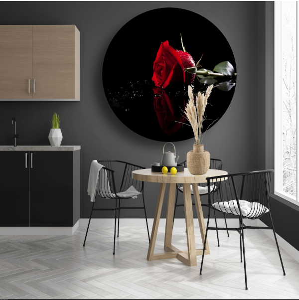 Rode roos met waterdruppels in close-up aluminium muurcirkel