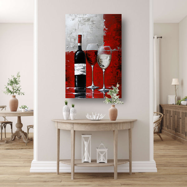 Abstract schilderij van wijnfles en glazen canvas met baklijst