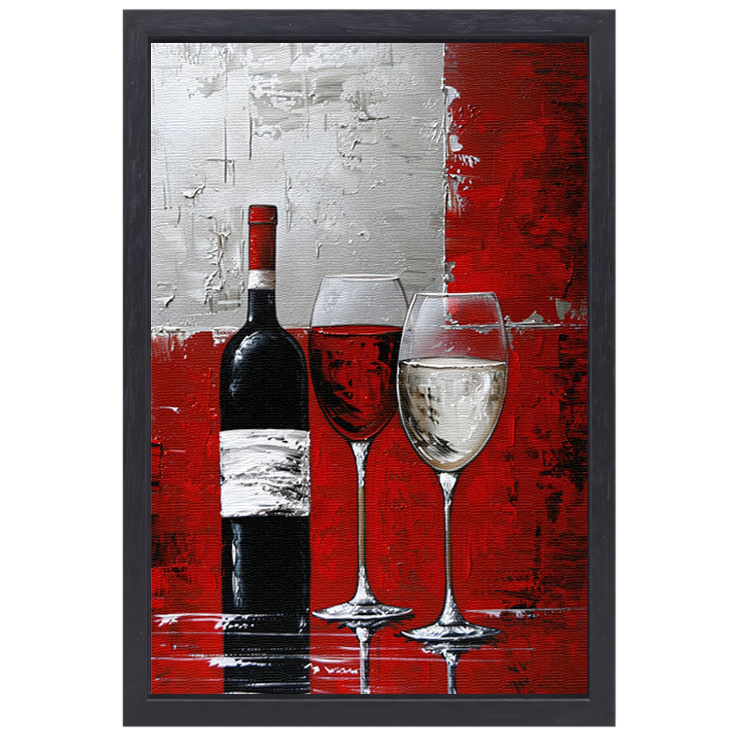 Abstract schilderij van wijnfles en glazen canvas met baklijst