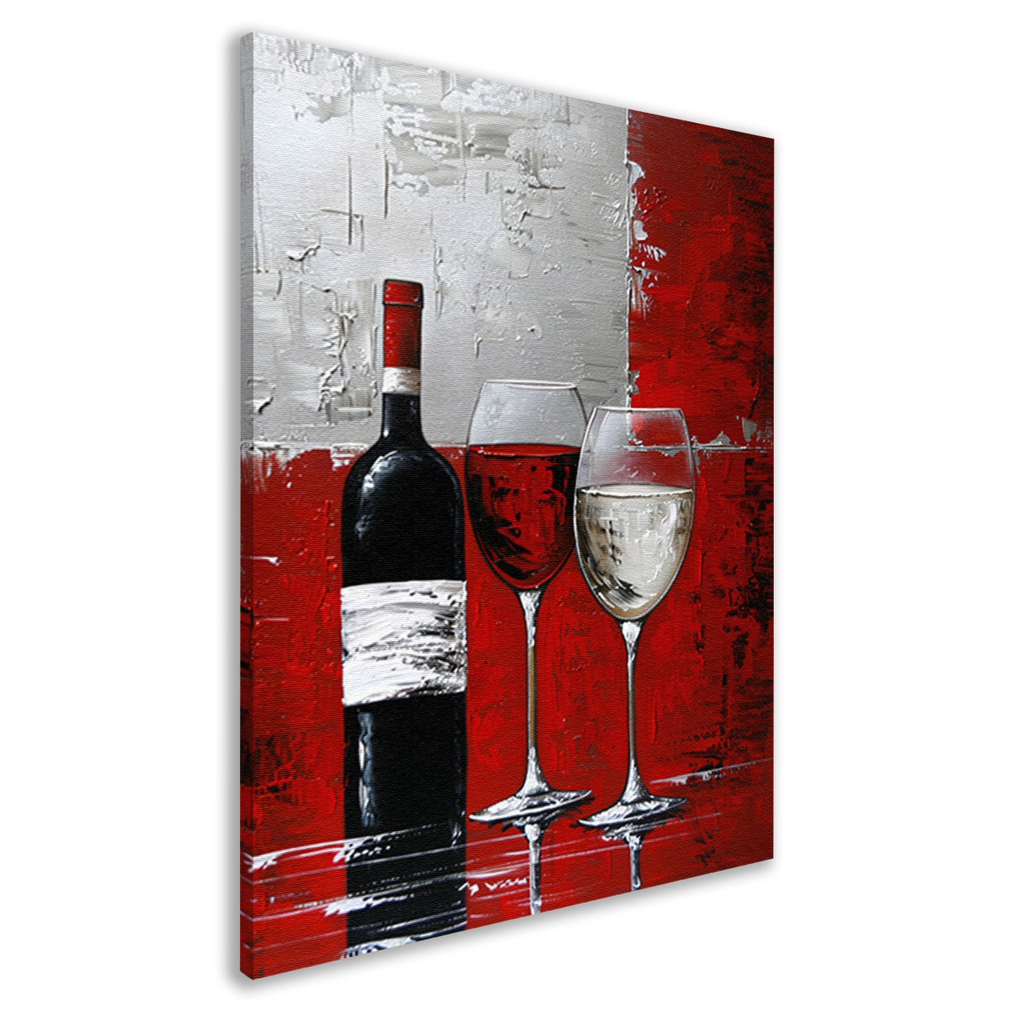 Abstract schilderij van wijnfles en glazen canvas