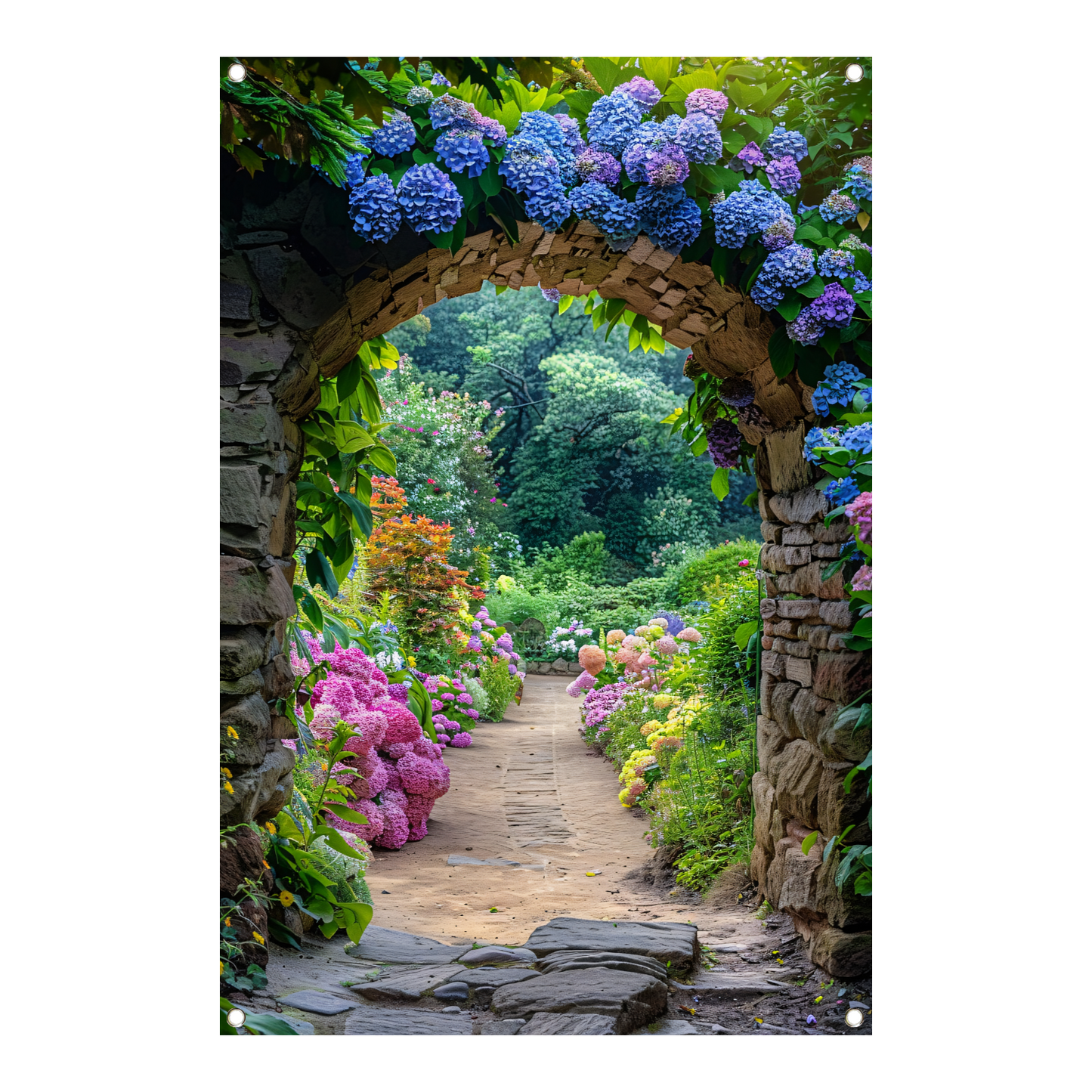Bloementuin met stenen boogpad - Doorkijk tuinposter