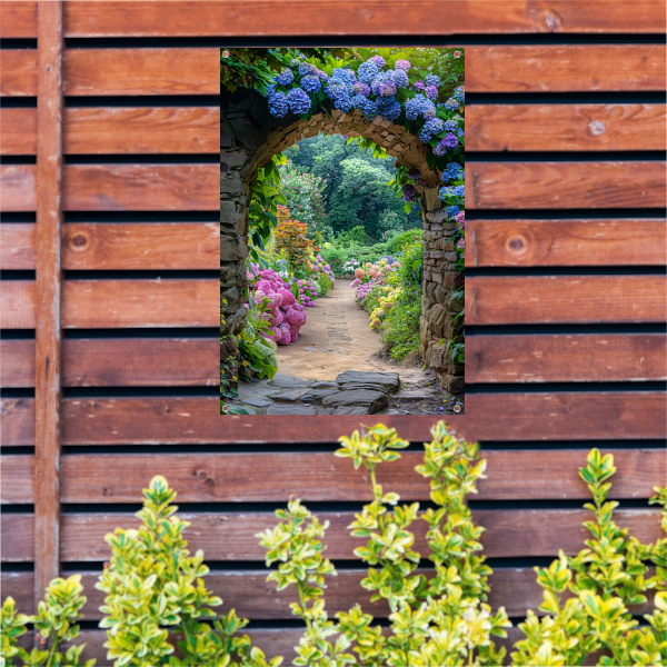 Bloementuin met stenen boogpad - Doorkijk tuinposter