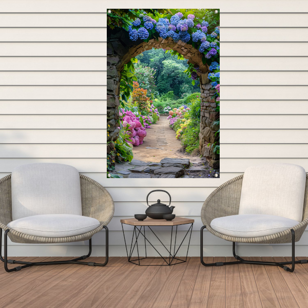Bloementuin met stenen boogpad - Doorkijk tuinposter