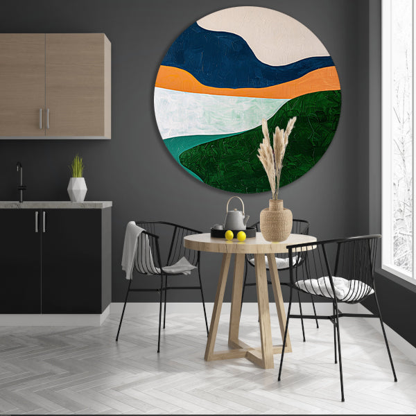 Abstract minimalistisch schilderij van een landschap aluminium muurcirkel
