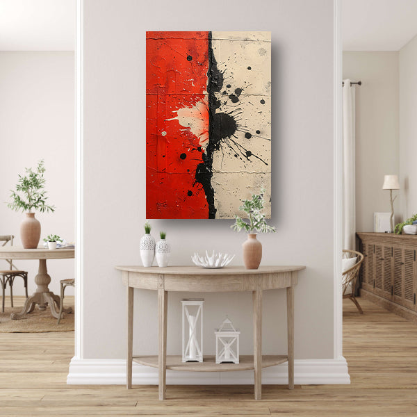Abstract met rode en zwarte verfspatten canvas met baklijst
