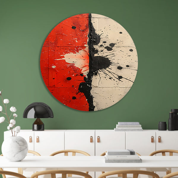 Abstract met rode en zwarte verfspatten aluminium muurcirkel