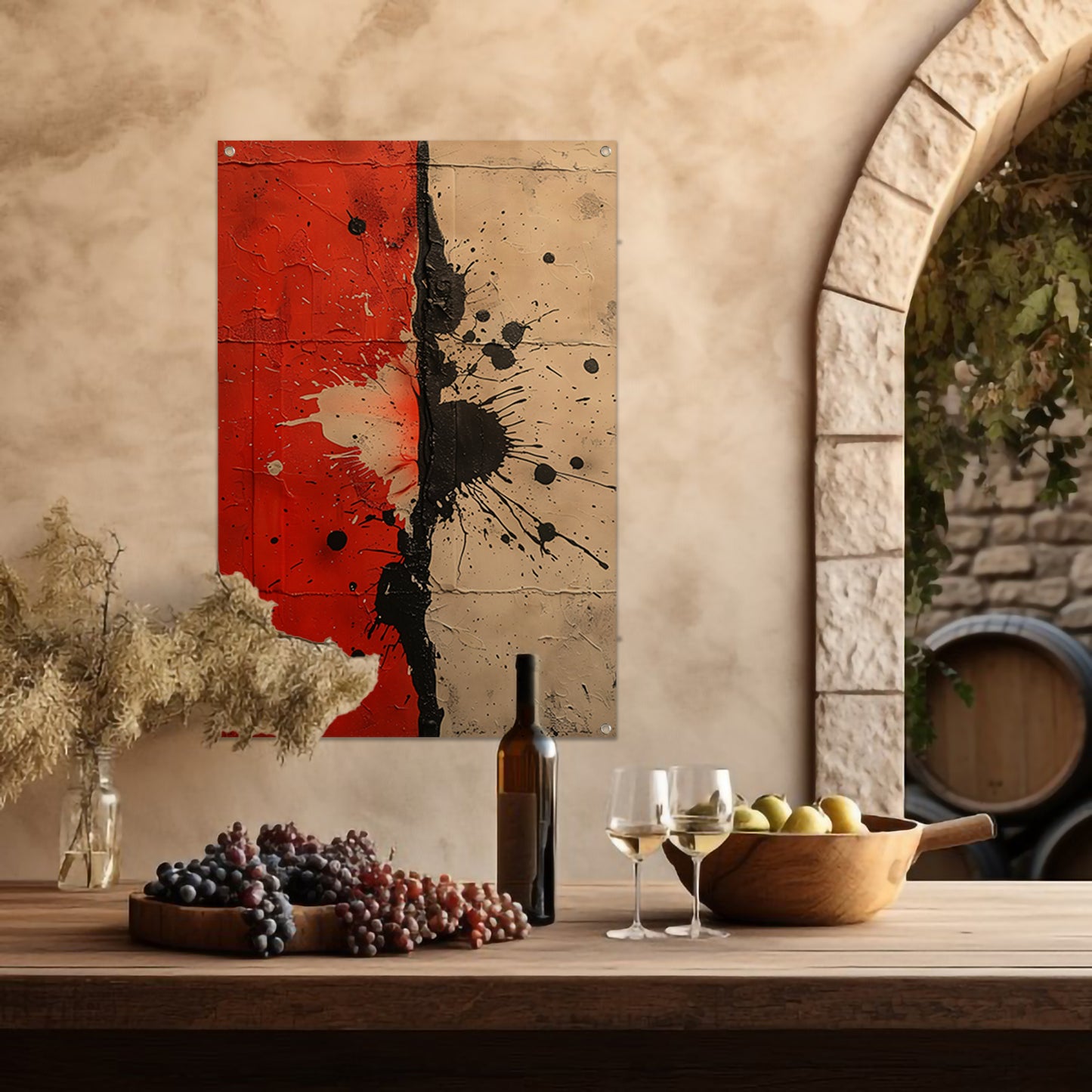 Abstract met rode en zwarte verfspatten tuinposter