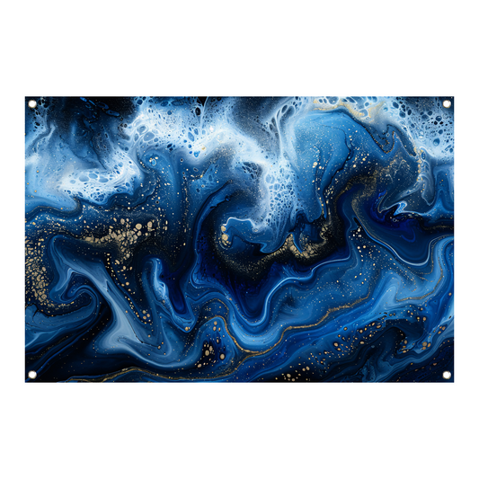 Abstract blauw en goud vloeibaar kunstwerk tuinposter