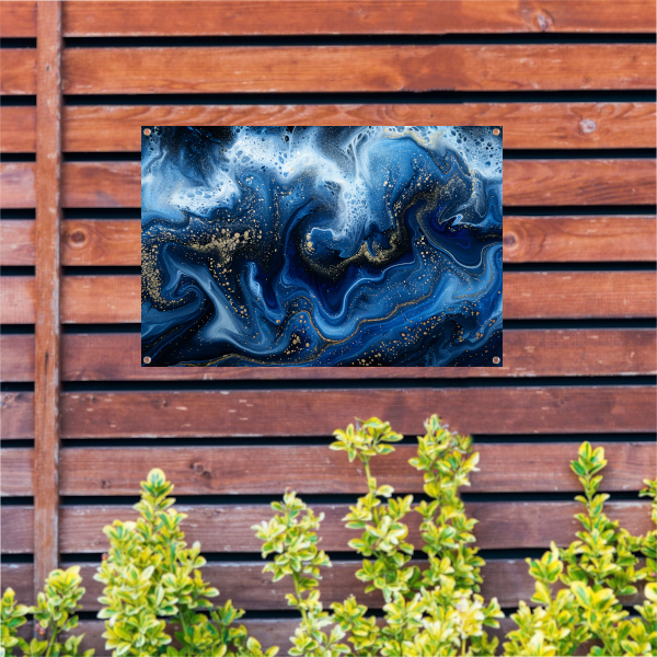 Abstract blauw en goud vloeibaar kunstwerk tuinposter