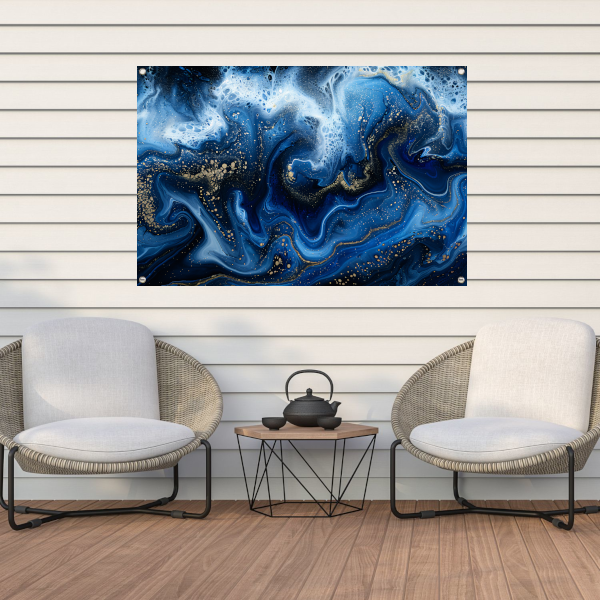 Abstract blauw en goud vloeibaar kunstwerk tuinposter