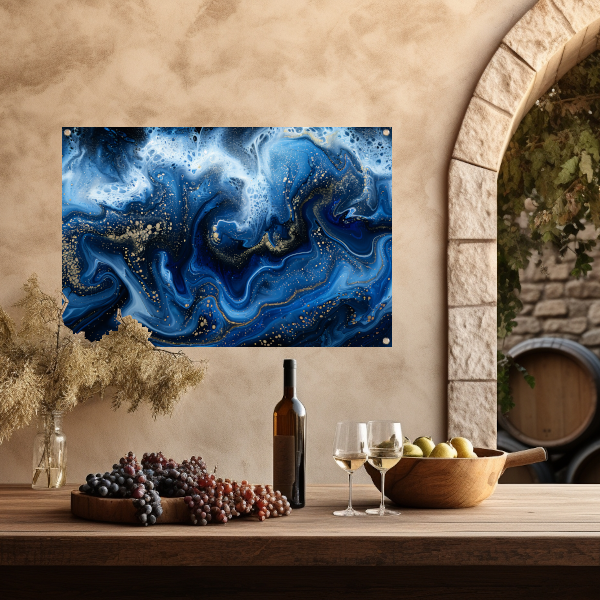 Abstract blauw en goud vloeibaar kunstwerk tuinposter