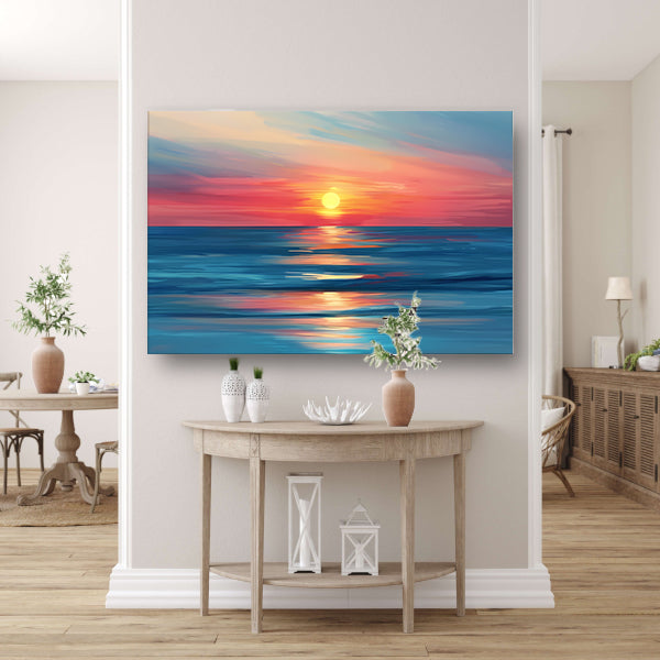 Minimalistische schildering van kleurrijke zonsondergang canvas