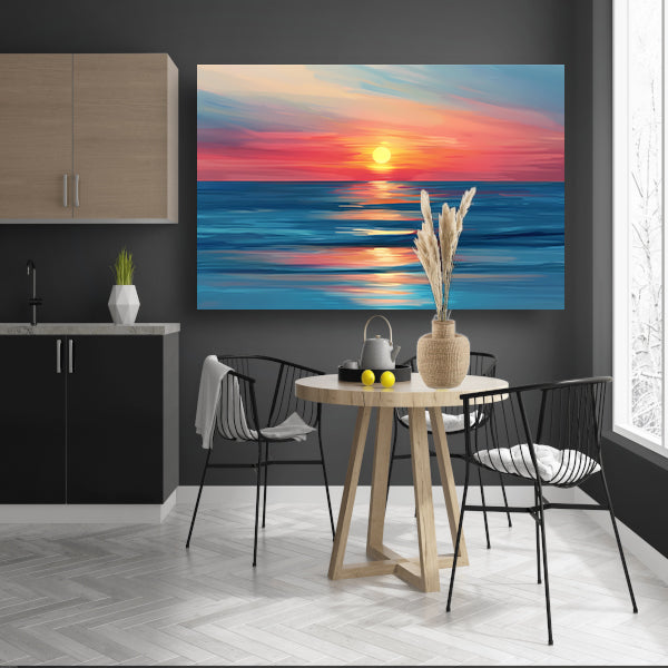 Minimalistische schildering van kleurrijke zonsondergang canvas