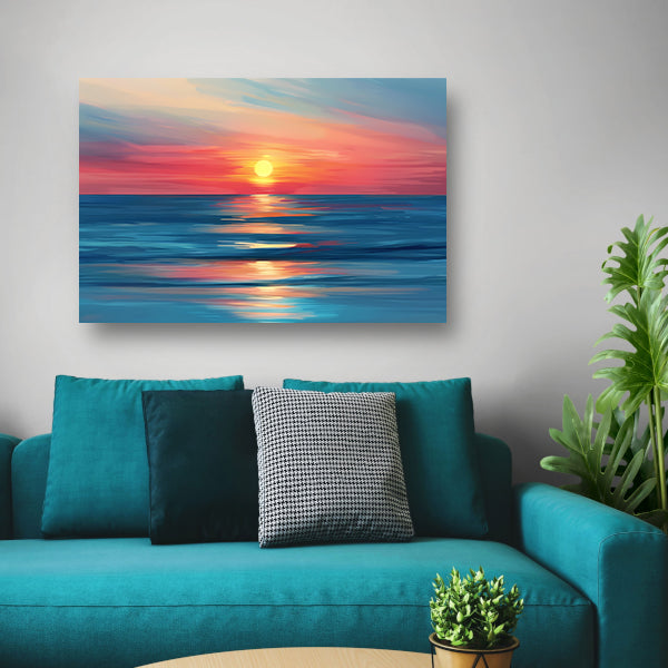 Minimalistische schildering van kleurrijke zonsondergang canvas