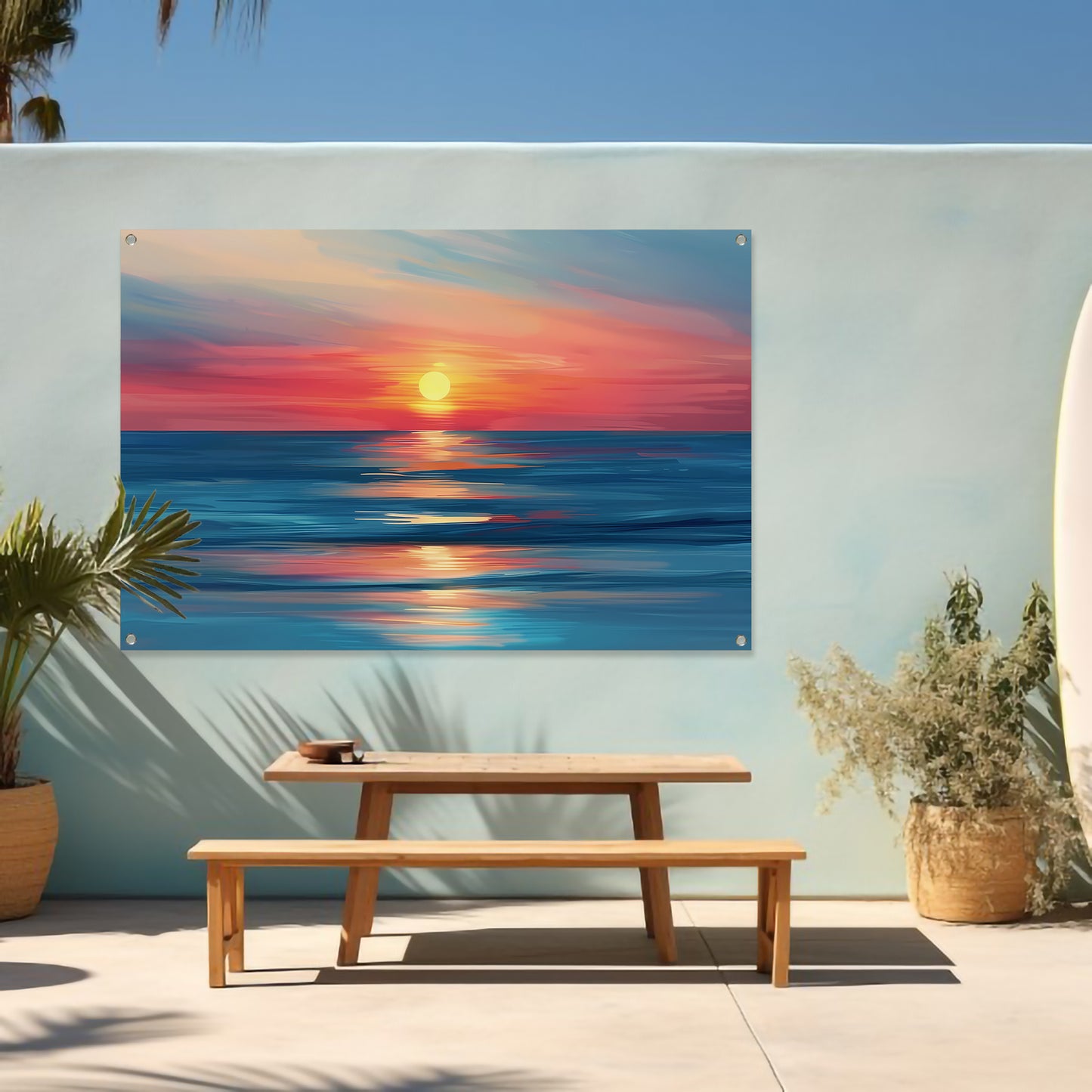 Minimalistische schildering van kleurrijke zonsondergang tuinposter