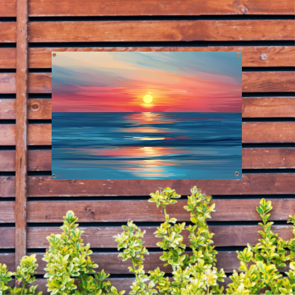 Minimalistische schildering van kleurrijke zonsondergang tuinposter