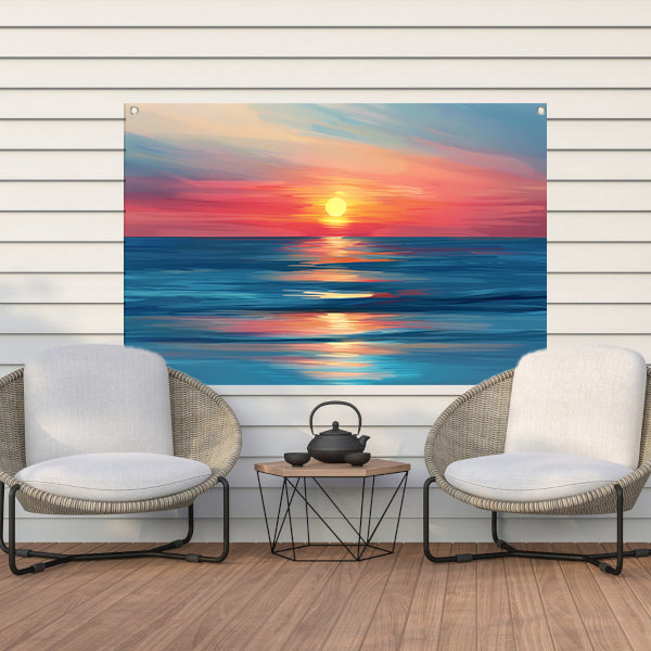 Minimalistische schildering van kleurrijke zonsondergang tuinposter